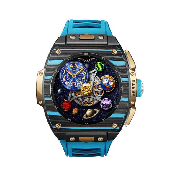 Vertu Watch S1 Finished Set Bespoke Gold Black And Blue Carbon Fiber Light Blue Strap