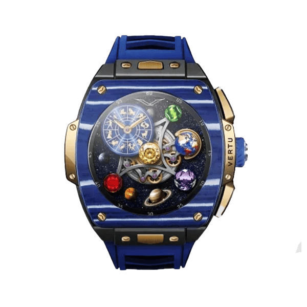 Vertu Watch S1 Finished Set Bespoke Gold Blue And White Carbon Fiber Navy Blue Strap